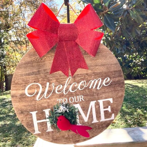 WELCOME TO OUR HOME Round Wood Decor Red Bird Wreath Red Bow Large Hanging 14 in - Picture 2 of 7